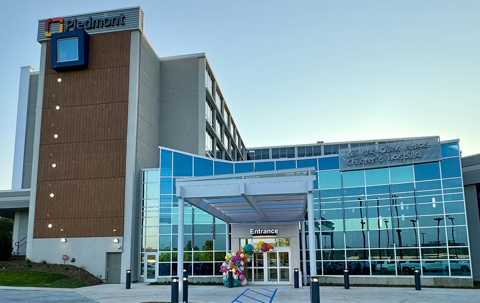 The front of the Bill and Olivia Amos Children’s Hospital